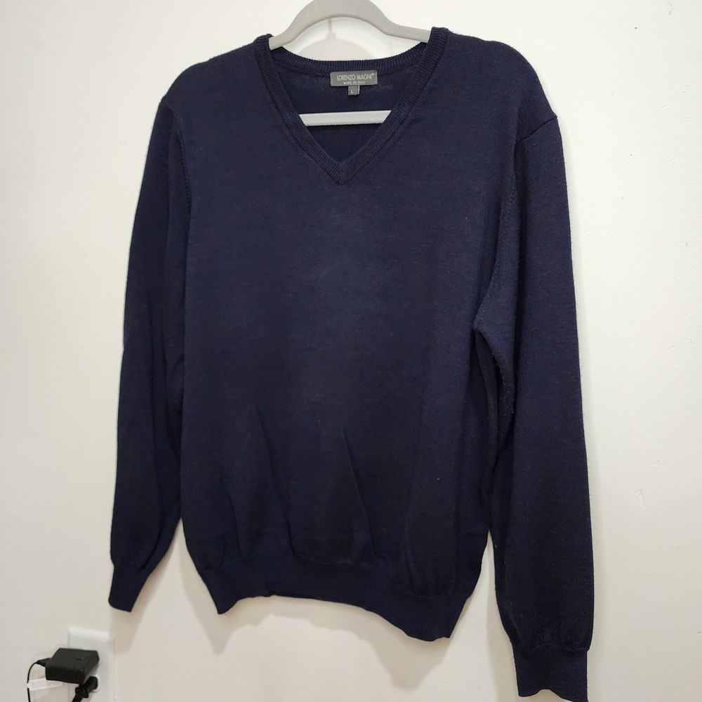 Lorenzo Magni Men's Deep Blue V-Neck Sweater, 100% Wool